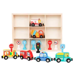 Set de Vehículos de Madera Imantados con Señales de Tránsito